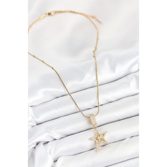 316L Çelik Zirkon Taşlı Yıldız Model Gold Renk Kadın Kolye - TJ-BKO10526