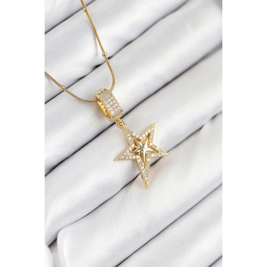 316L Çelik Zirkon Taşlı Yıldız Model Gold Renk Kadın Kolye - TJ-BKO10526