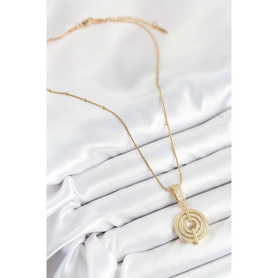 316L Çelik Zirkon Taşlı Çember Model Gold Renk Kadın Kolye - TJ-BKO10527