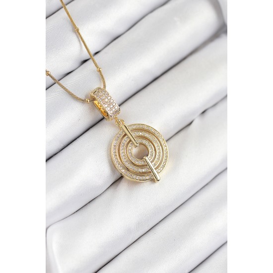 316L Çelik Zirkon Taşlı Çember Model Gold Renk Kadın Kolye - TJ-BKO10527