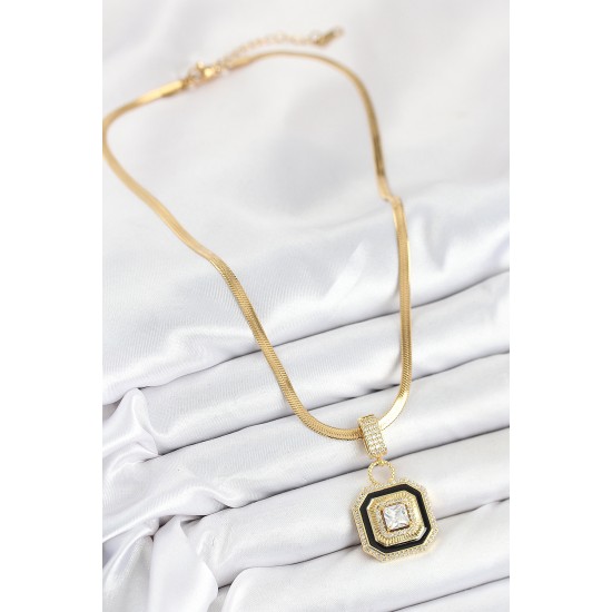 316L Çelik Zirkon Taşlı Siyah Detaylı Baget Model Gold Renk Kadın Kolye - TJ-BKO10529