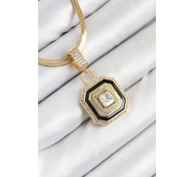 316L Çelik Zirkon Taşlı Siyah Detaylı Baget Model Gold Renk Kadın Kolye - TJ-BKO10529