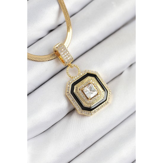 316L Çelik Zirkon Taşlı Siyah Detaylı Baget Model Gold Renk Kadın Kolye - TJ-BKO10529