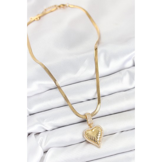 316L Çelik Zirkon Taşlı Kalp Model Gold Renk Kadın Kolye - TJ-BKO10530