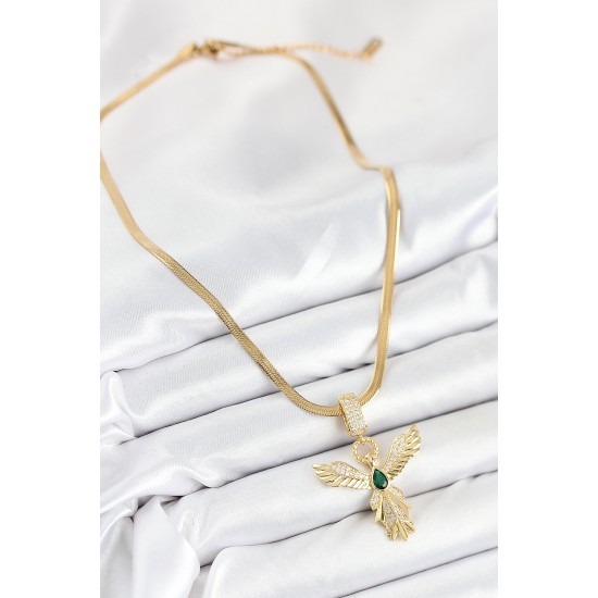 316L Çelik Zirkon Taşlı Melek Model Gold Renk Kadın Kolye - TJ-BKO10531