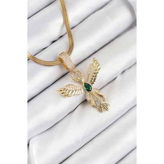 316L Çelik Zirkon Taşlı Melek Model Gold Renk Kadın Kolye - TJ-BKO10531