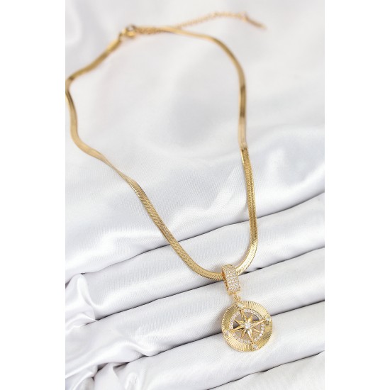 316L Çelik Zirkon Taşlı Pusula Model Gold Renk Kadın Kolye - TJ-BKO10532