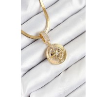 316L Çelik Zirkon Taşlı Pusula Model Gold Renk Kadın Kolye - TJ-BKO10532