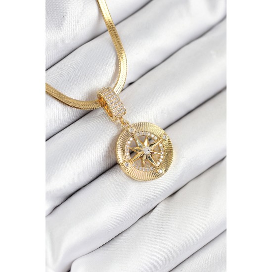 316L Çelik Zirkon Taşlı Pusula Model Gold Renk Kadın Kolye - TJ-BKO10532