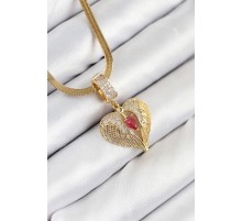 316L Çelik Zirkon Taşlı Kanatlı Kalp Model Gold Renk Kadın Kolye - TJ-BKO10533