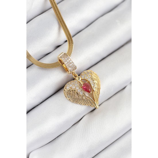 316L Çelik Zirkon Taşlı Kanatlı Kalp Model Gold Renk Kadın Kolye - TJ-BKO10533