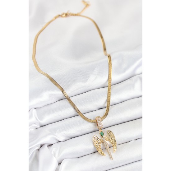 316L Çelik Zirkon Taşlı Melek Model Gold Renk Kadın Kolye - TJ-BKO10534