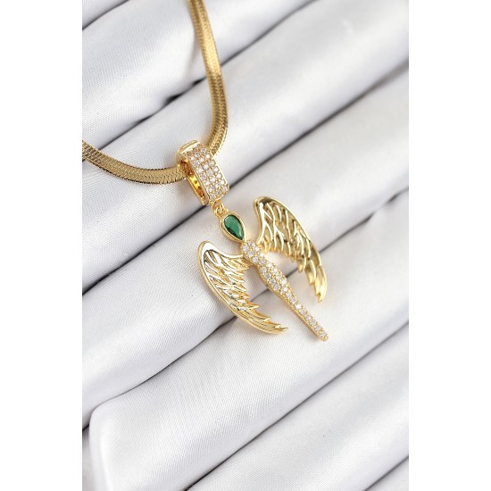 316L Çelik Zirkon Taşlı Melek Model Gold Renk Kadın Kolye - TJ-BKO10534