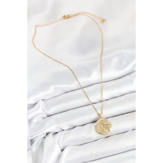 316L Çelik Zirkon Taşlı Ay Ve Güneş Model Gold Renk Kadın Kolye - TJ-BKO10538