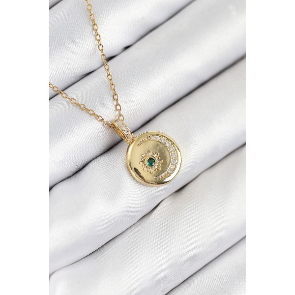 316L Çelik Zirkon Taşlı Ay Ve Güneş Model Gold Renk Kadın Kolye - TJ-BKO10539
