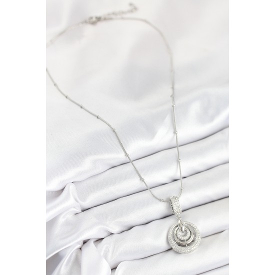 316L Çelik Zirkon Taşlı Çember Model Gümüş Renk Kadın Kolye - TJ-BKO10541