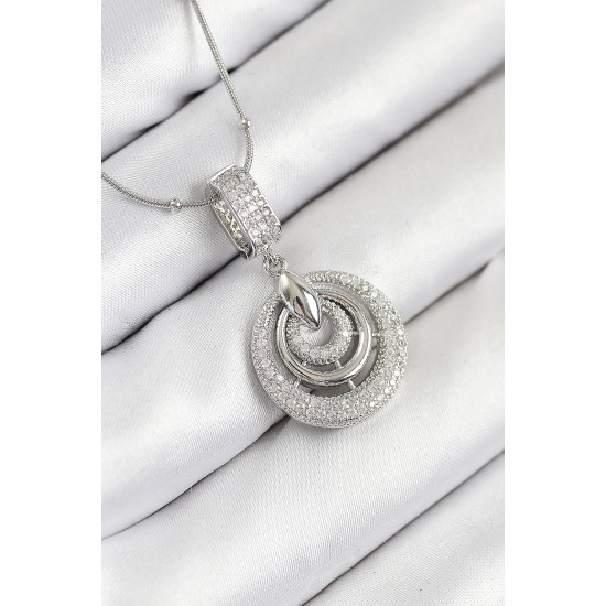 316L Çelik Zirkon Taşlı Çember Model Gümüş Renk Kadın Kolye - TJ-BKO10541