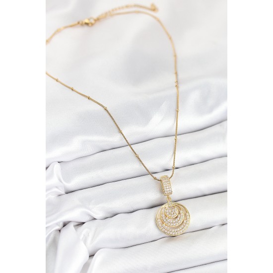 316L Çelik Zirkon Taşlı Çember Model Gold Renk Kadın Kolye - TJ-BKO10542