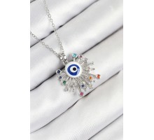 316L Çelik Zirkon Taşlı Nazar Model Gümüş Renk Kadın Kolye - TJ-BKO10543