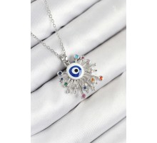 316L Çelik Zirkon Taşlı Nazar Model Gümüş Renk Kadın Kolye - TJ-BKO10543