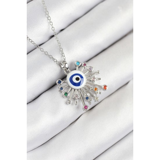 316L Çelik Zirkon Taşlı Nazar Model Gümüş Renk Kadın Kolye - TJ-BKO10543