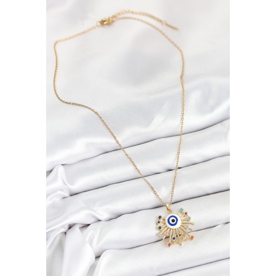 316L Çelik Zirkon Taşlı Nazar Model Gold Renk Kadın Kolye - TJ-BKO10544