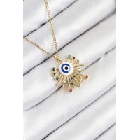 316L Çelik Zirkon Taşlı Nazar Model Gold Renk Kadın Kolye TJ-BKO10544