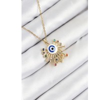 316L Çelik Zirkon Taşlı Nazar Model Gold Renk Kadın Kolye - TJ-BKO10544