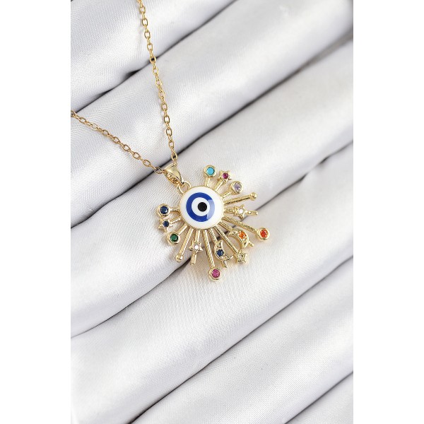 316L Çelik Zirkon Taşlı Nazar Model Gold Renk Kadın Kolye - TJ-BKO10544
