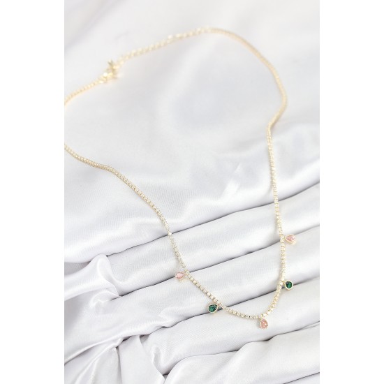 Pirinç Zirkon Taşlı Su Yolu Damla Model Gold Renk Kadın Kolye - TJ-BKO10545