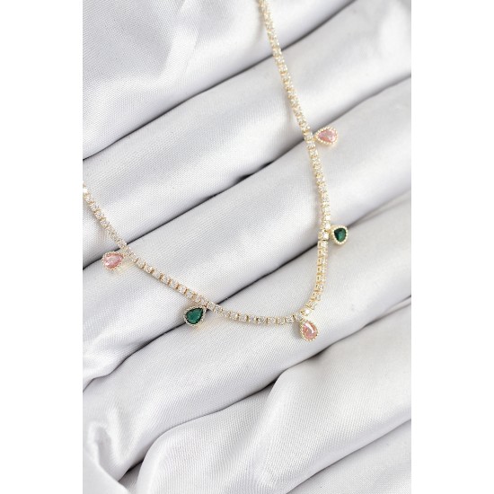 Pirinç Zirkon Taşlı Su Yolu Damla Model Gold Renk Kadın Kolye - TJ-BKO10545