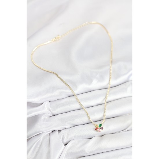 Pirinç Zirkon Taşlı Su Yolu Asorti Çiçek Model Gold Renk Kadın Kolye - TJ-BKO10546