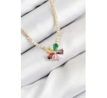 Pirinç Zirkon Taşlı Su Yolu Asorti Çiçek Model Gold Renk Kadın Kolye - TJ-BKO10546