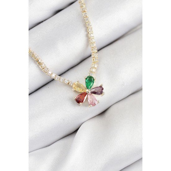 Pirinç Zirkon Taşlı Su Yolu Asorti Çiçek Model Gold Renk Kadın Kolye - TJ-BKO10546