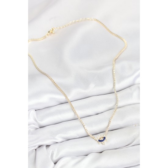 Pirinç Zirkon Taşlı Su Yolu Göz Model Gold Renk Kadın Kolye - TJ-BKO10547