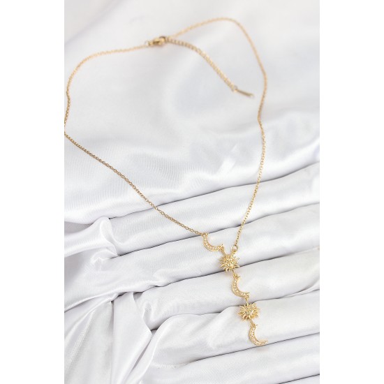 316L Çelik Zirkon Taşlı Güneş Ve Ay Model Gold Renk Kadın Kolye - TJ-BKO10548