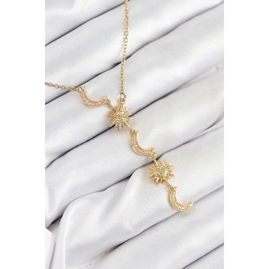 316L Çelik Zirkon Taşlı Güneş Ve Ay Model Gold Renk Kadın Kolye - TJ-BKO10548