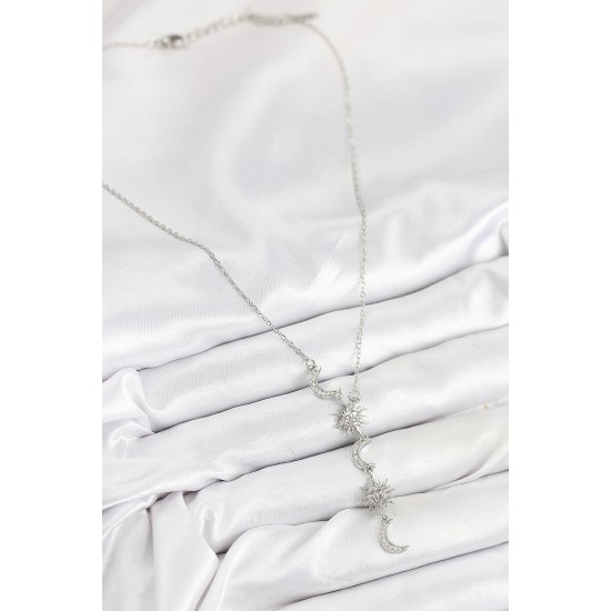 316L Çelik Zirkon Taşlı Güneş Ve Ay Model Gümüş Renk Kadın Kolye - TJ-BKO10549