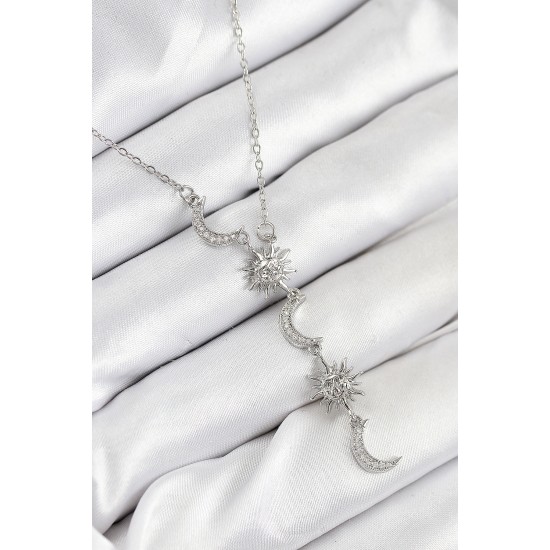316L Çelik Zirkon Taşlı Güneş Ve Ay Model Gümüş Renk Kadın Kolye - TJ-BKO10549
