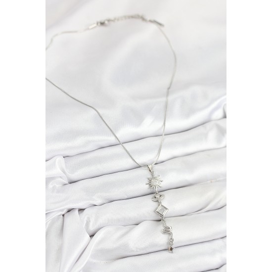 316L Çelik Zirkon Taşlı Güneş Ve Ay Enerji Model Gümüş Renk Kadın Kolye - TJ-BKO10551