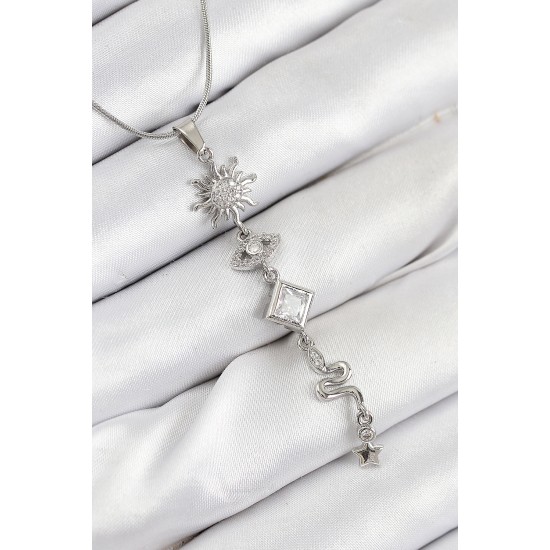 316L Çelik Zirkon Taşlı Güneş Ve Ay Enerji Model Gümüş Renk Kadın Kolye - TJ-BKO10551