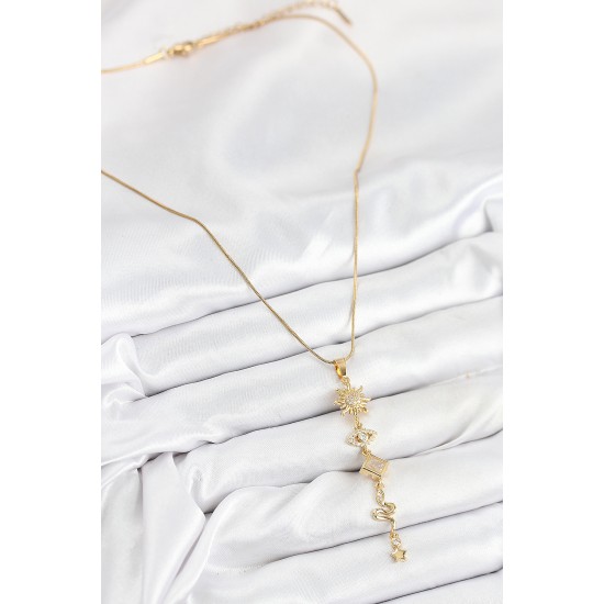 316L Çelik Zirkon Taşlı Güneş Ve Ay Enerji Model Gold Renk Kadın Kolye - TJ-BKO10550