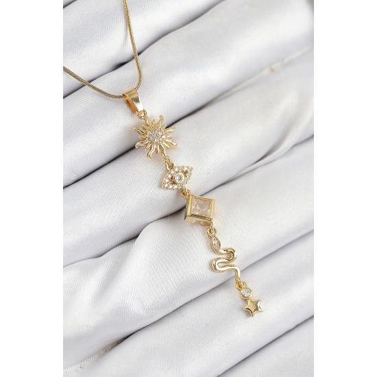 316L Çelik Zirkon Taşlı Güneş Ve Ay Enerji Model Gold Renk Kadın Kolye - TJ-BKO10550