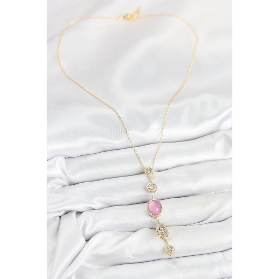 Pirinç Zincir Pembe Gold Renk Zirkon Taşlı Y Kolye - TJ-BKO10554