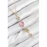 Pirinç Zincir Pembe Gold Renk Zirkon Taşlı Y Kolye TJ-BKO10554