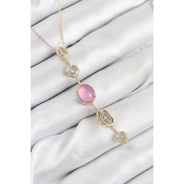 Pirinç Zincir Pembe Gold Renk Zirkon Taşlı Y Kolye - TJ-BKO10554