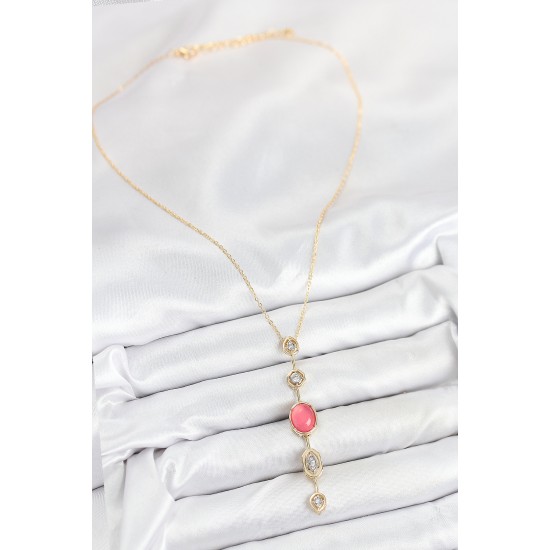 Pirinç Zincir Pembe Gold Renk Zirkon Taşlı Y Kolye - TJ-BKO10556