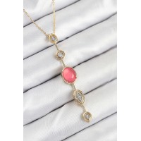 Pirinç Zincir Pembe Gold Renk Zirkon Taşlı Y Kolye TJ-BKO10556