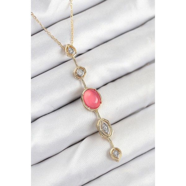 Pirinç Zincir Pembe Gold Renk Zirkon Taşlı Y Kolye - TJ-BKO10556