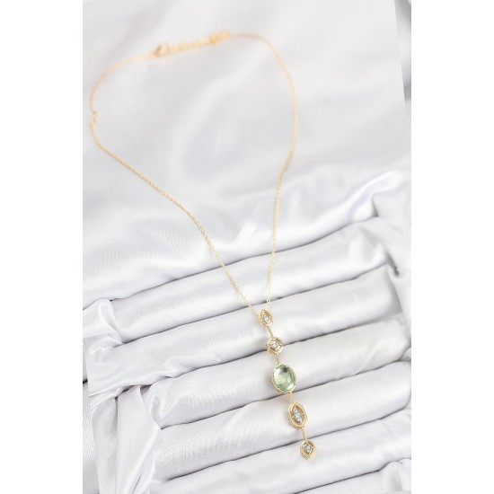 Pirinç Zincir Yeşil Gold Renk Zirkon Taşlı Y Kolye - TJ-BKO10557